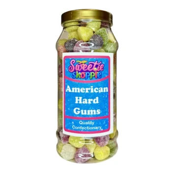 A 970ml jar filled with a colorful assortment of Taveners American Hard Gums in various fruity flavors