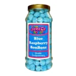 A vibrant 970ml jar filled with chewy blue raspberry bonbons coated in a light sugar dusting