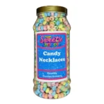 A sweet jar filled with colorful, wearable candy necklaces, perfect for kids and nostalgic treats