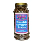 A 970ml jar of plump raisins coated in smooth milk chocolate, perfect for snacking or sharing