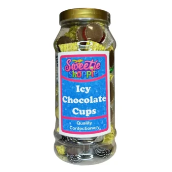 A 970ml jar filled with creamy, foil-wrapped chocolate icy cups in assorted colors