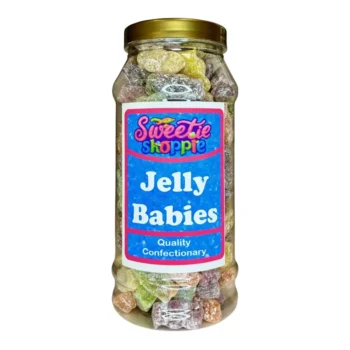 Barratt Jelly Babies in a 970ml sweet jar, featuring soft, chewy sweets in assorted fruity flavors