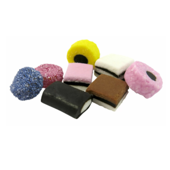 A handful of Taveners Liquorice Allsorts showcasing colorful, classic sweets.