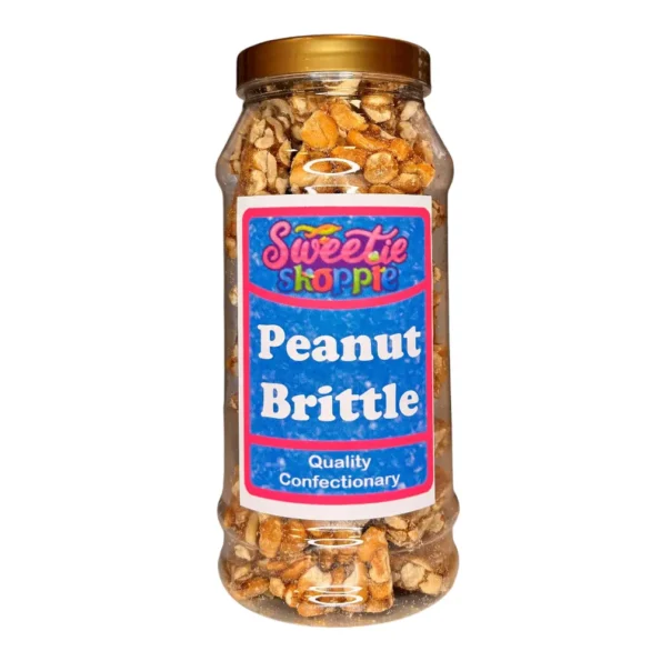 A 970ml jar filled with crunchy, golden peanut brittle pieces, perfect for nut lovers and sharing