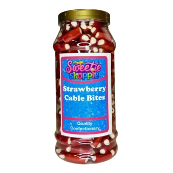 A 970ml jar filled with soft and chewy strawberry pencil bites with a creamy center.