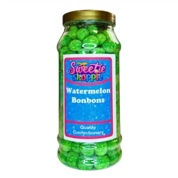 A 970ml jar of tangy green watermelon-flavored bonbons with a sugar-dusted coating.