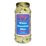 A 970ml jar filled with creamy, mouse-shaped white.chocolate treats