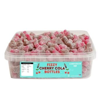 A 600g tub of CANDYCRAVE Fizzy Cherry Cola Bottles, featuring cherry cola-flavoured fizzy gummy sweets.