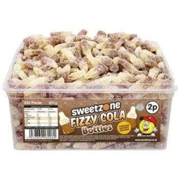 Full tub of Sweetzone Fizzy Cola Bottles - chewy, cola-flavored gummies with a tangy sugar coating