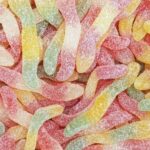 Kingsway Fizzy Jelly Snakes/Worms, colorful sugar-dusted chewy sweets with a tangy fizzy flavor.