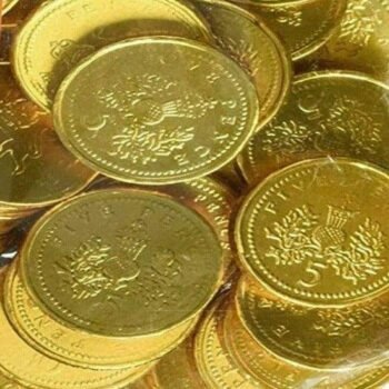 A large quantity of Kingsway Gold Milk Chocolate Coins wrapped in shiny gold foil