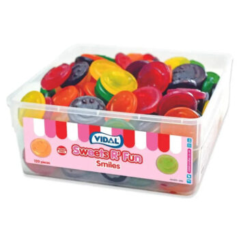 A tub of Vidal Happy Smiles sweets, featuring colorful, smile-shaped gummies bursting with fruity flavors.