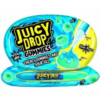 A pack of Juicy Drop Gummies and Sour Gel in Bazooka Blue Razz flavor, delivering a tangy and sweet berry experience