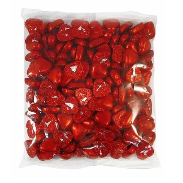 A 1kg bag of Kingsway red-foiled milk chocolate hearts, ideal for gifting or celebrations.