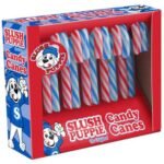 A festive box of Slush Puppie Christmas Candy Canes, featuring blue raspberry and cherry flavours