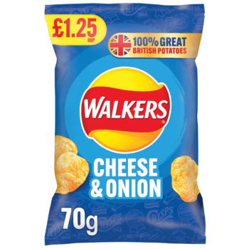 Walkers Cheese & Onions Crisps in a blue bag