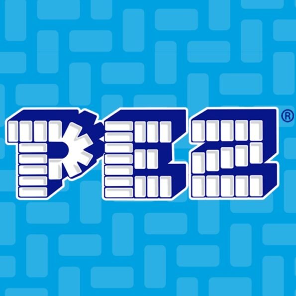 PEZ Candy logo displayed on a vibrant blue background, featuring the iconic block-style lettering