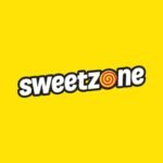 The Sweetzone Sweets logo displayed on a vibrant yellow background, showcasing a playful and colorful design