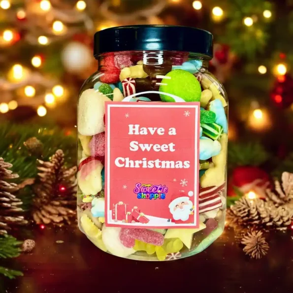 A Festive Sweet Jar filled with 1.5kg of Christmas sweets including Gummy Santas and Gingerbread men.