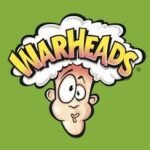 The WarHeads logo featuring a cartoon face with a puckered expression, surrounded by bold, vibrant lettering and a burst of color, symbolizing extreme sourness.