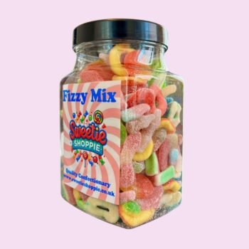 Side view of a 1.5kg jar filled with colorful fizzy sweets, showcasing a variety of tangy, tingly candies.